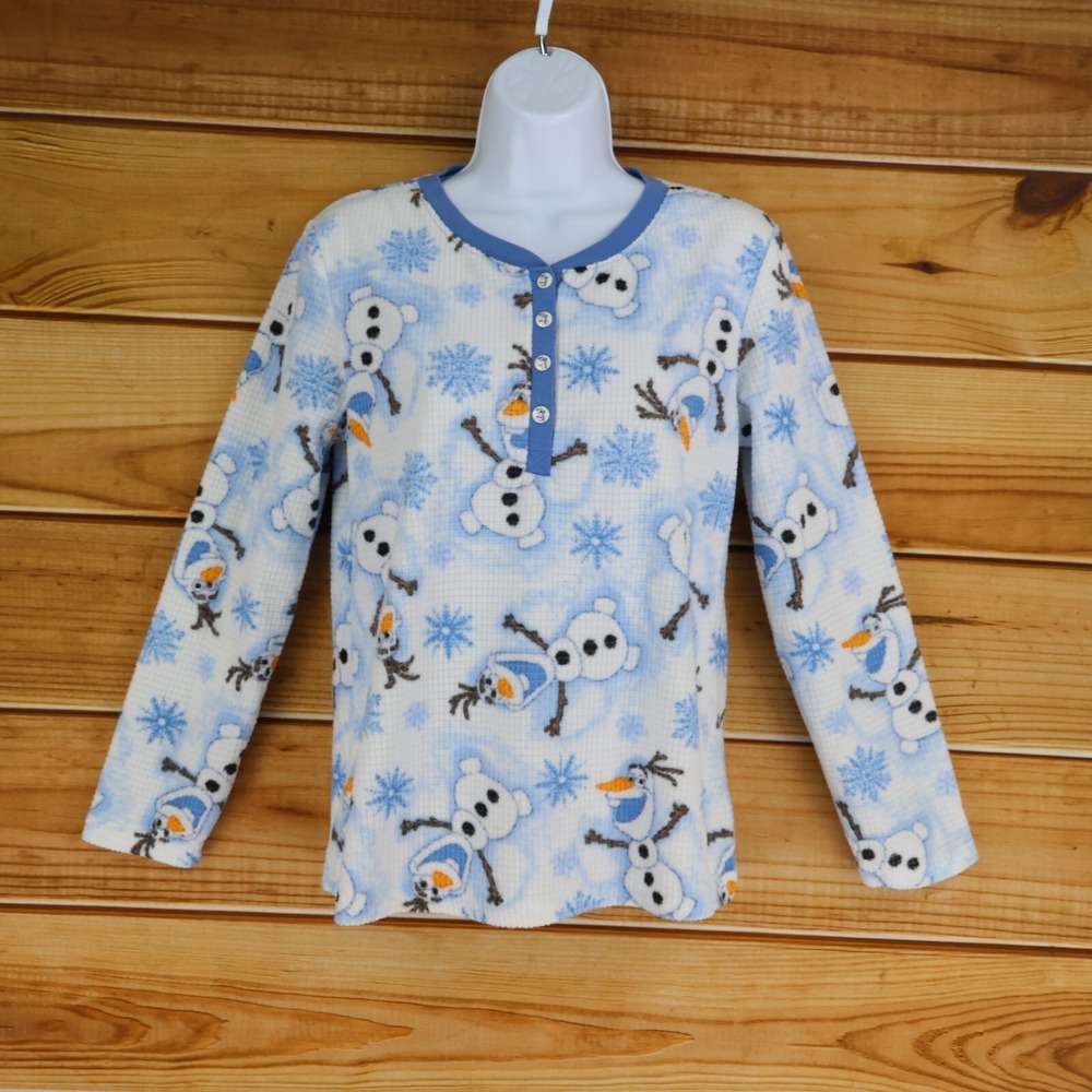 Disney Frozen Pajama Top Sleepwear Womens Size S White Blue Olaf Snowflakes Soft